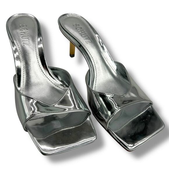 NEW Schutz Dethalia Silver Squared Toe Sandals Size 5 Mirror Metallic Heels - Picture 3 of 11